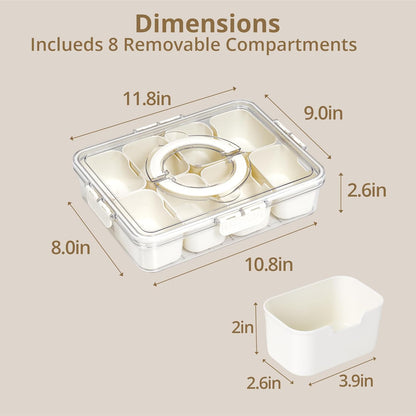 2 Pack Snackle Box Container with 8 Compartments, Clear Divided Serving Tray with Lid and Handle, Snack Bento Box for Charcuterie, Candy, Fruits, Nuts, Picnic, Travel, Beige