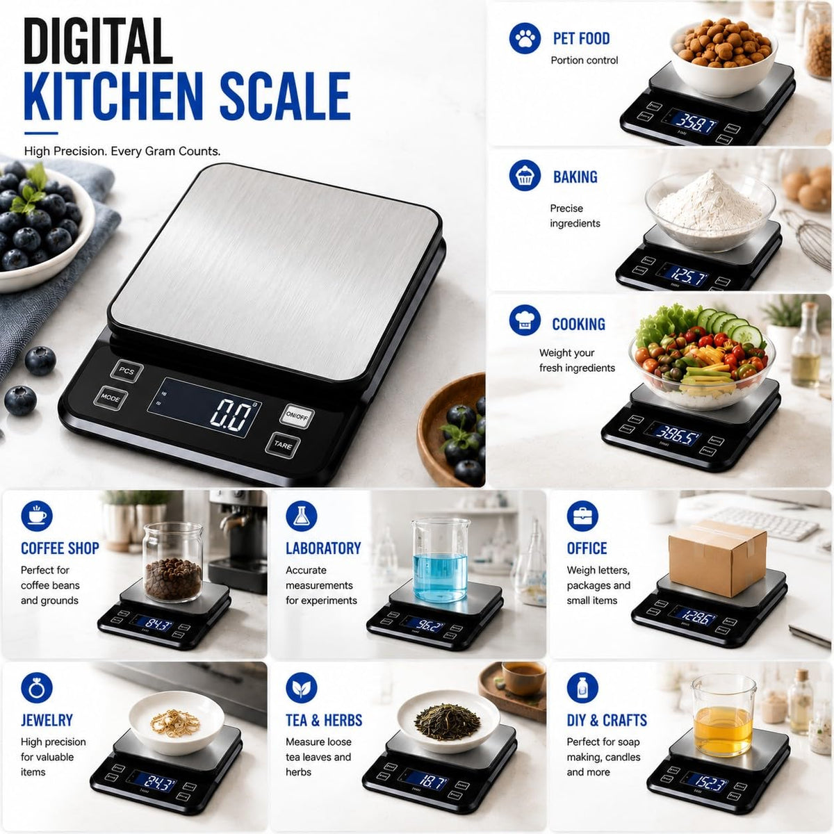 Waterproof Digital Kitchen Scale 0.1g/0.001oz Precision, Stainless Steel Electronic Scale with 3 Power Options (Rechargeable/AAA/Built-in), 10 Units Conversion, Smart Standby, 5kg/11lb Capacity