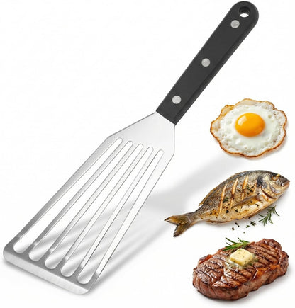 Fish Spatula, 12.2" Stainless Steel Slotted Turner, Firm Blade | Firm 1.2 mm blade gives steady support for fish, burgers, eggs and pancakes; beveled front edge helps slide under food.