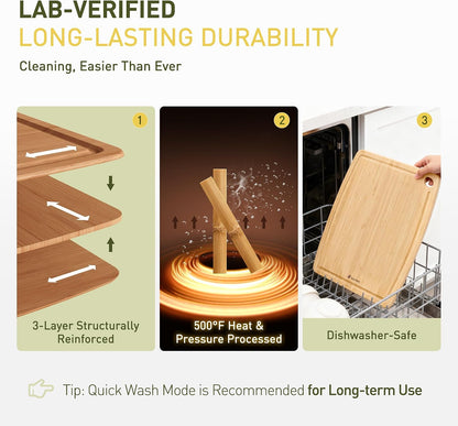 Lightweight Durable Bamboo Cutting Board Set with Non-Slip Feet, Wood Cutting Board for Busy Kitchen, Easy Clean Wooden Chopping Boards with Juice Groove Best House Warming Gift Set of 3 (S+M+L)