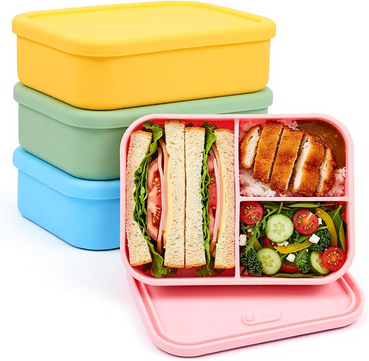 4 Pcs Silicone Bento Box Set - Reusable 3 Compartment Lunch Containers for Adults, Microwave, Dishwasher & Freezer Safe, Leakproof Meal Prep Boxes in Pink, Blue, Green, Orange