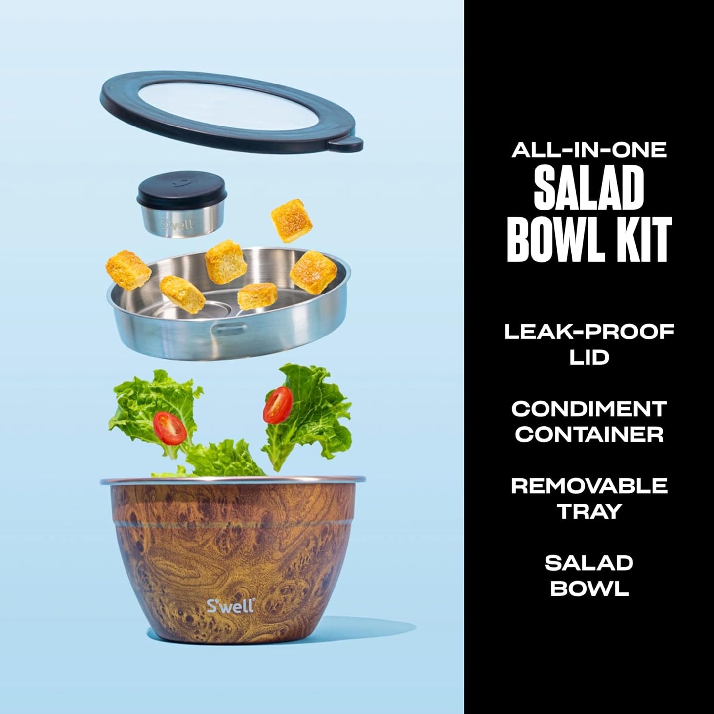 S'well Stainless Steel Salad Bowl Kit 64oz, Peacock Blue, Comes with 2oz Mini Canister and Removable Tray for Organization, Leakproof, Easy to Clean, Dishwasher Safe