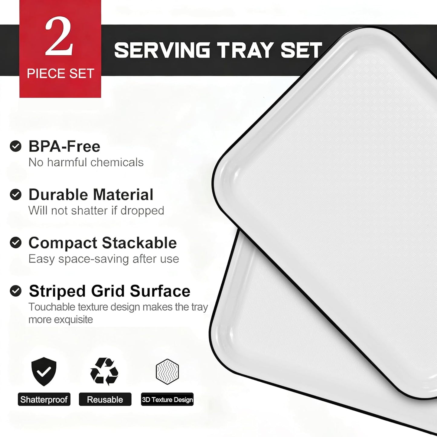 2pcs Melamine Serving Trays Set Two Tone 14.5" x 11" Large White Black Reusable Serving Platters for Cookie, Appetizer, Snack, Dessert, Party Food Display, Rectangular Party Trays and Platters
