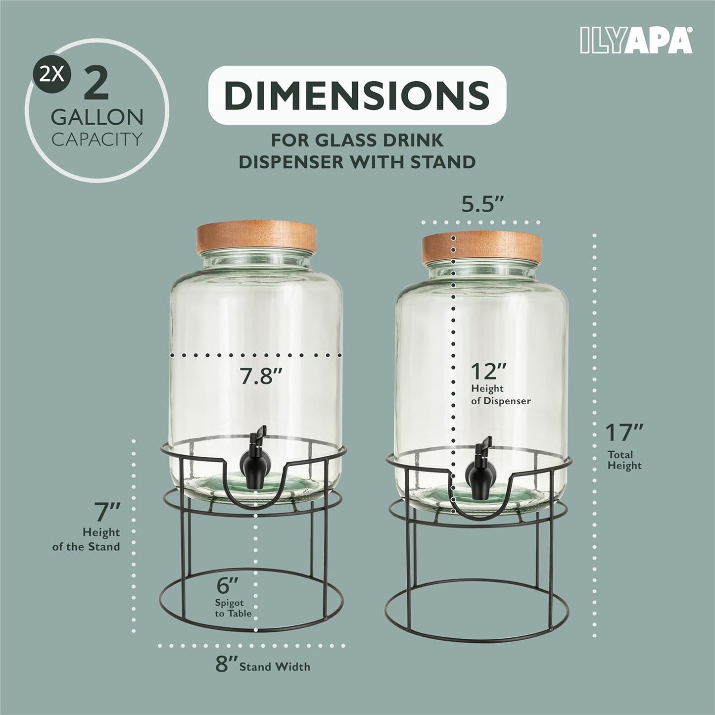 Ilyapa Glass Drink Dispensers for Parties with Stand - 2 Pack, 2 Gallon Double Beverage Dispenser with Wood Tops & Black Stainless Spigots