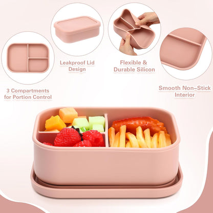 Honeydak 6 Pcs Silicone Bento Box Reusable Silicone Bento Lunch Container for Adults Microwave Dishwasher Freezer Safe 3 Compartment (Light Colors)