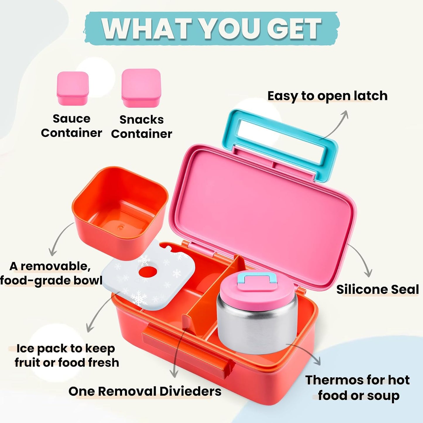 PIQUEBAR Kids Lunch Box with 8oz Thermo, Leakproof Bento Box with Insulated Bag, Kids Insulated Water Bottle with Straw, Food Lunch Container for Back to School Girls, Pink