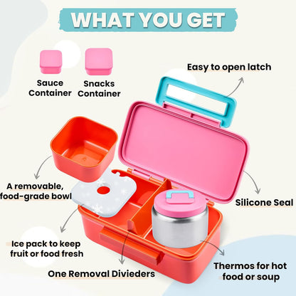 PIQUEBAR Kids Lunch Box with 8oz Thermo, Leakproof Bento Box with Insulated Bag, Kids Insulated Water Bottle with Straw, Food Lunch Container for Back to School Girls, Pink