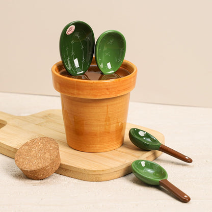 Sizikato 4pcs Porcelain Measuring Spoons with Base, Cute Cactus Shape
