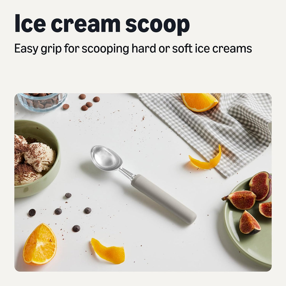 Amazon Basics Ice Cream Scoop, Soft Grip Handle, Dishwasher-Safe, Linen Gray
