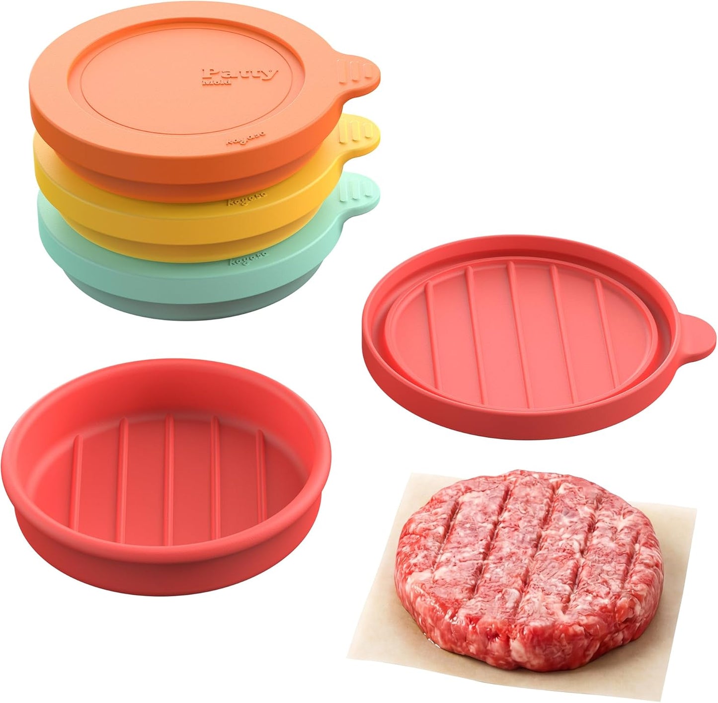 Silicone Burger Patty Mold Set with Lid, Nonstick Burger Press for 1/4 lb Patties, Food-Grade Patty Maker for Beef, Chicken & Veggie Burgers, Food Freezer Container, 4 Pack