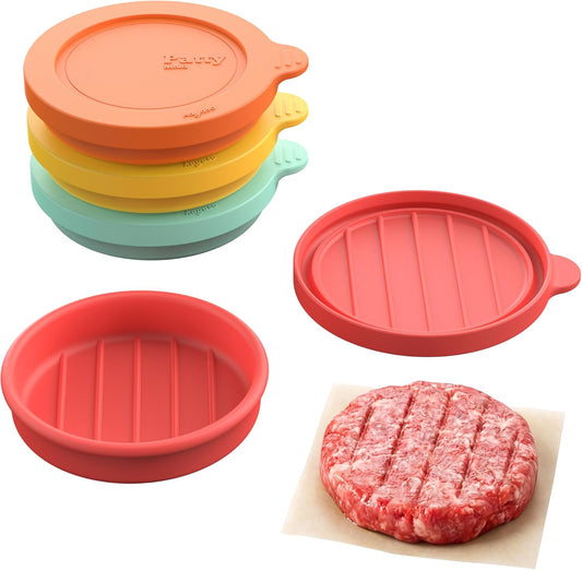 Silicone Burger Patty Mold Set with Lid, Nonstick Burger Press for 1/4 lb Patties, Food-Grade Patty Maker for Beef, Chicken & Veggie Burgers, Food Freezer Container, 4 Pack