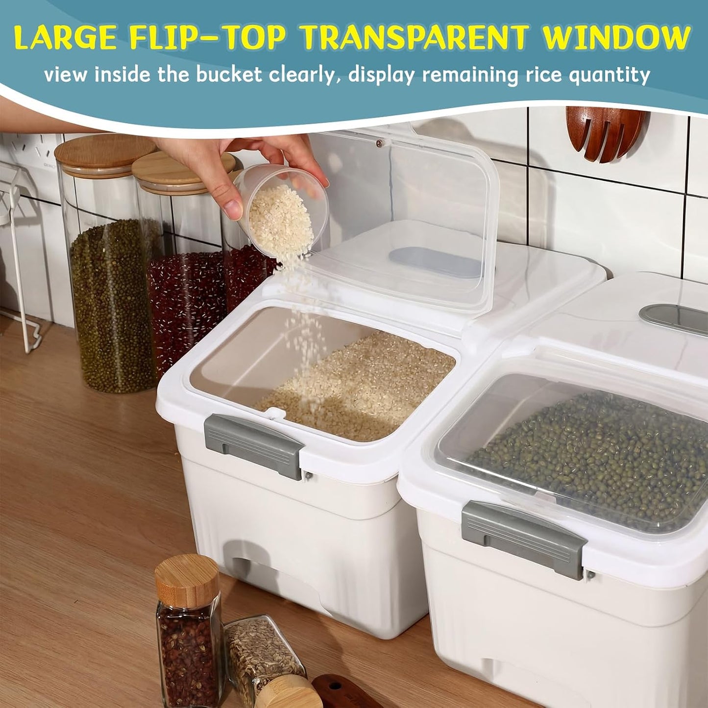 Blushtier 4 Pack Large Rice Storage Containers 30 Lbs Airtight Flour Container with Seal Locking Lid and Measuring Cup Kitchen Dry Food Storage Bins for Cereal Sugar Beans(Transparent White)