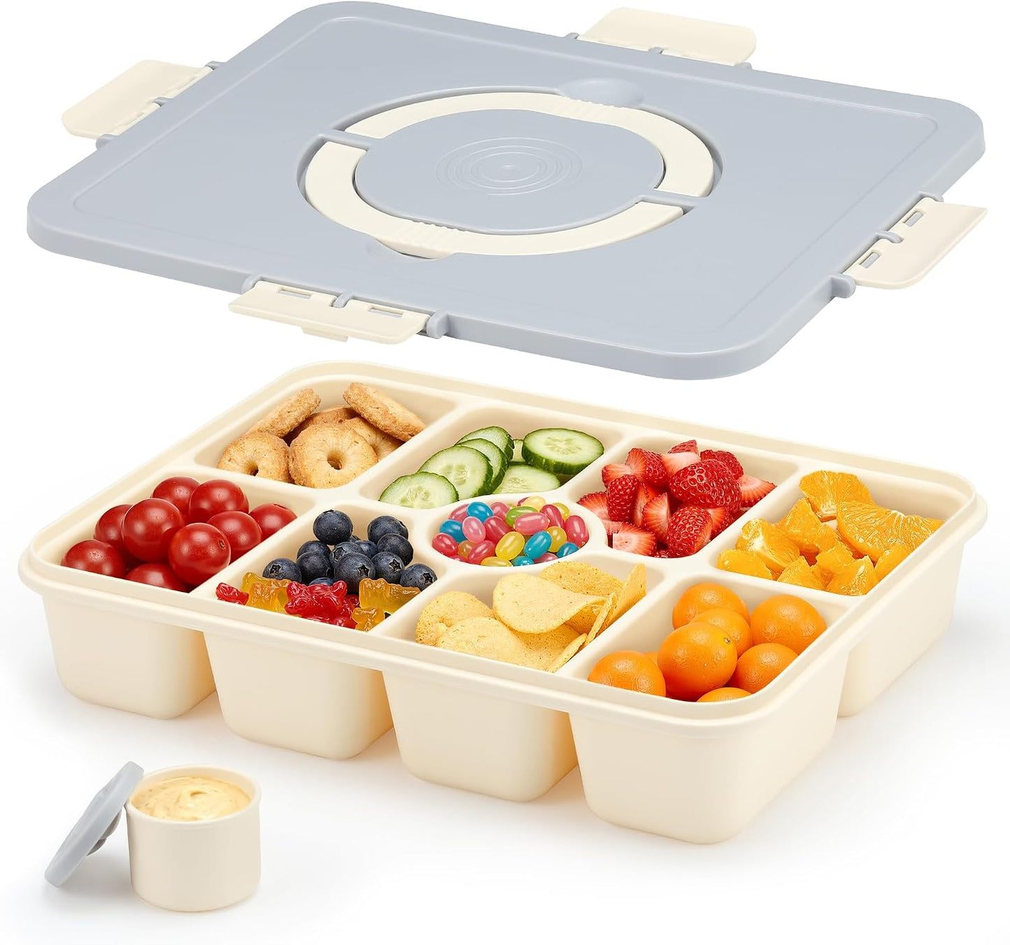 Snackle Box Container, Divided Serving Tray with Lid and Handle, 9 Compartments Snack Box Container for Adults, Portable Charcuterie Serving Platter for Candy Fruit, 9.9 Cups, White Grey