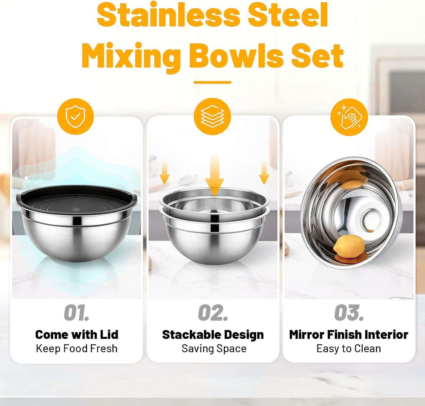 Beasea Stainless Steel Mixing Bowls, 5 Pack 1.5 QT Stackable Nesting Mixing Bowls with Airtight Lids, Metal Bowl with Lid for Baking, Meal Prepping, Salad, Serving, Food Storing
