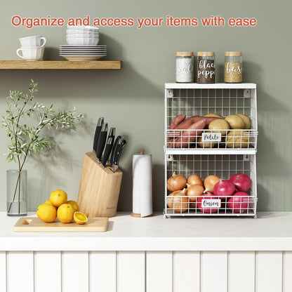 Goozii Hanging Wall Fruit Basket for Kitchen Counter 2 Pack, Stackable Wire Baskets for Organizing with Wood Lid, Potato and Onion Storage Bin with Banana Hook for Vegetable Produce, Black + Rustic