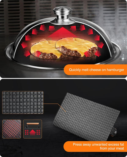 HOMENOTE Griddle Accessories for Blackstone, Commercial Grade 12 Inch Heavy Duty Melting Dome with Round Cast Iron Smash Burger Press Perfect for Flat Top Hibachi Grill Outdoor Indoor