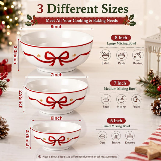 Yungyan 3 Pcs Christmas Mixing Bowls with Red Bow Large Nesting Mixing Bowl