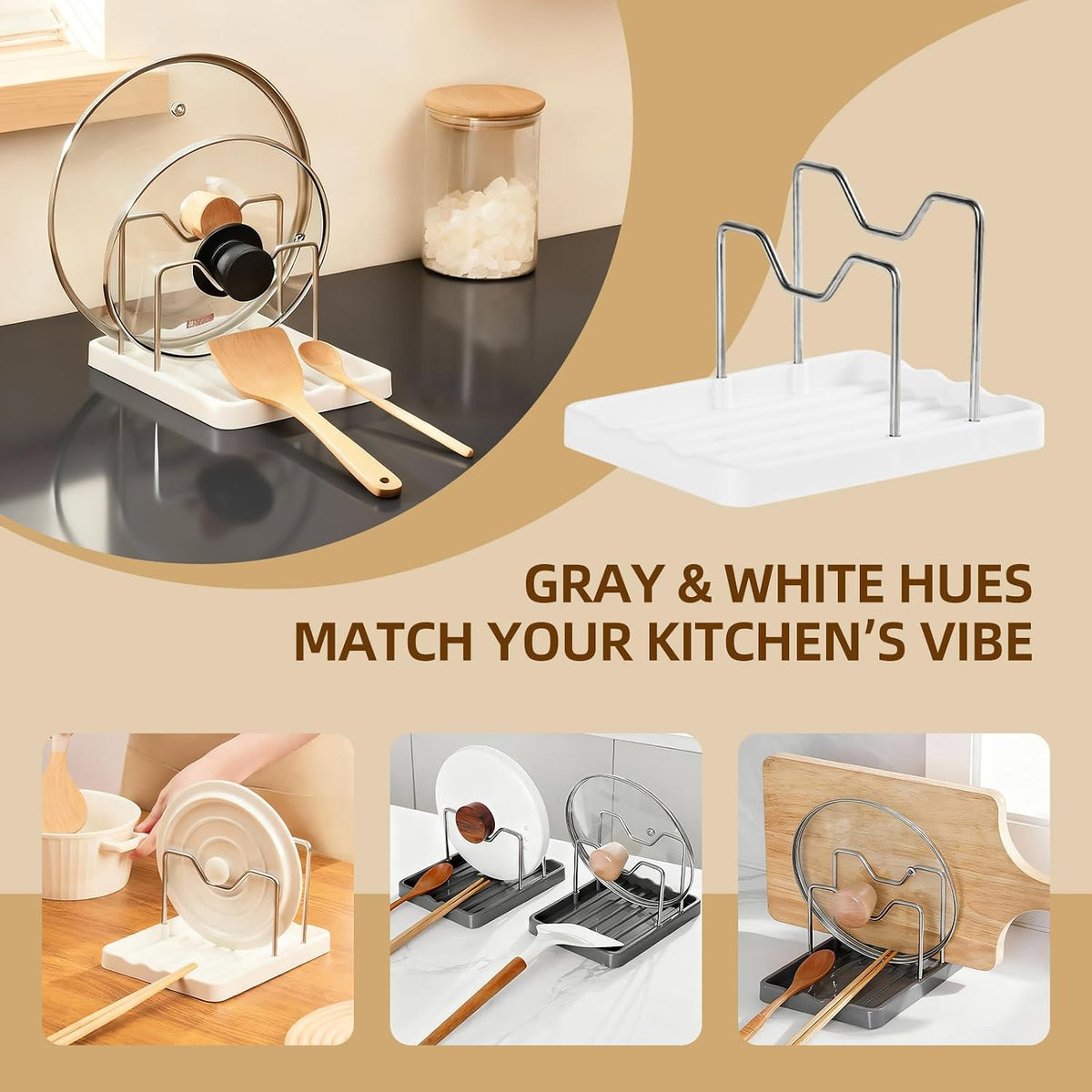 2 in 1 Pot Lid Holder & Spoon Rest for Kitchen Counter, Plastic Utensil Rest with Stainless Steel Pan Lid Holder Organizer While Cooking, Countertop Space Saving Pot Cover Rack | Easy to Clean