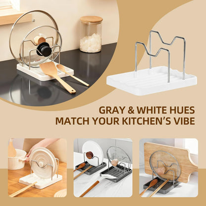 2 in 1 Pot Lid Holder & Spoon Rest for Kitchen Counter, Plastic Utensil Rest with Stainless Steel Pan Lid Holder Organizer While Cooking, Countertop Space Saving Pot Cover Rack | Easy to Clean