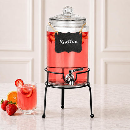 1 Gallon Beverage Dispenser 1 Pack, Stainless Steel Spigot Drink Dispenser for Parties with Stand, Clear Glass Drink Container Easy to Refill and Clean