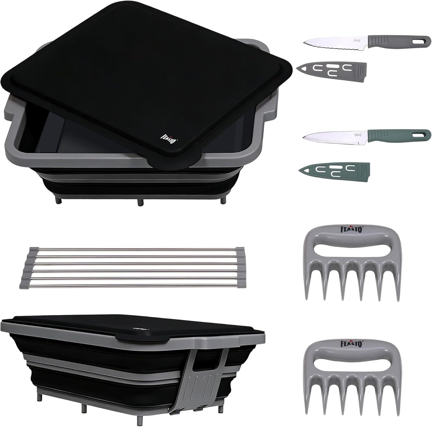 Feasto Collapsible BBQ Prep Tubs with Cutting Board, 9-IN-1, 2 Tubs Portable Grill Prep Station with Side Brackets, Lids, Knives, Meat Claws and Drain Rack, Space-Saving for Kitchen & Camping, Black