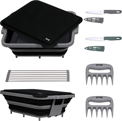 Feasto Collapsible BBQ Prep Tubs with Cutting Board, 9-IN-1, 2 Tubs Portable Grill Prep Station with Side Brackets, Lids, Knives, Meat Claws and Drain Rack, Space-Saving for Kitchen & Camping, Black