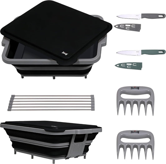 Feasto Collapsible BBQ Prep Tubs with Cutting Board, 9-IN-1, 2 Tubs Portable Grill Prep Station with Side Brackets, Lids, Knives, Meat Claws and Drain Rack, Space-Saving for Kitchen & Camping, Black