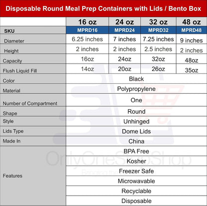 48oz Disposable Black Meal Prep/Bento Box with Clear Dome Lids - Round Plastic Meal Containers - Leak Proof and Reusable Box : Perfect For Salad, Meal Prep and Fruits : Set of 10