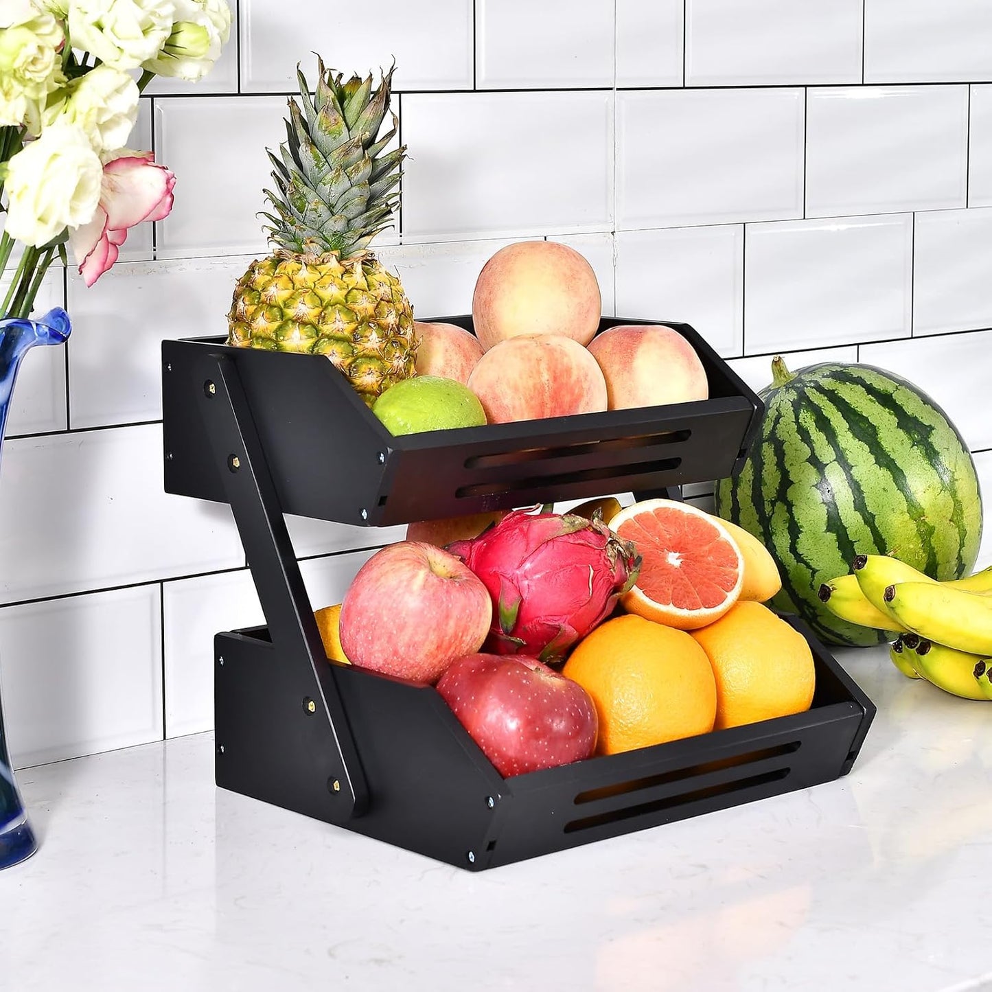 VIKEYHOME Fruit Basket, 2 Tier Bamboo Fruit Basket for Kitchen, 11" Tall Fruit Stand Storage Holder, Heavy Duty/Large Capacity for Vegetables, Fruit, and Snack, 15 mm Thickness (Self-assembly)