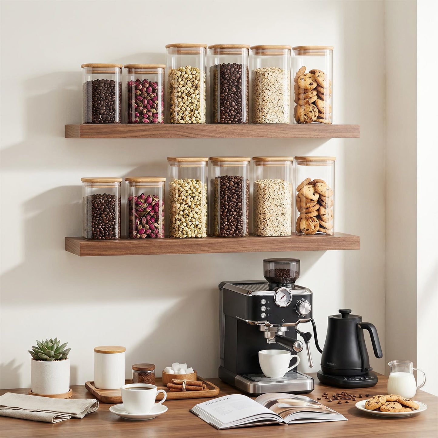 2-Pack 3.4Qt Large Glass Flour Sugar Storage Containers with Lids | Wide Mouth Design, With Measuring Cups, Minimalist Kitchen Organizer,Scandinavian Style Storage,Nordic Style Storage