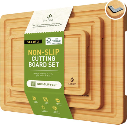3 Packs Bamboo Cutting Board Set with Non Slip Feet and Over Sink Nice Solid Thick Wood Juice Groove Chopping Board Extra Large Big Small Best Hardwood Kitchen Counter Organic Vegetable