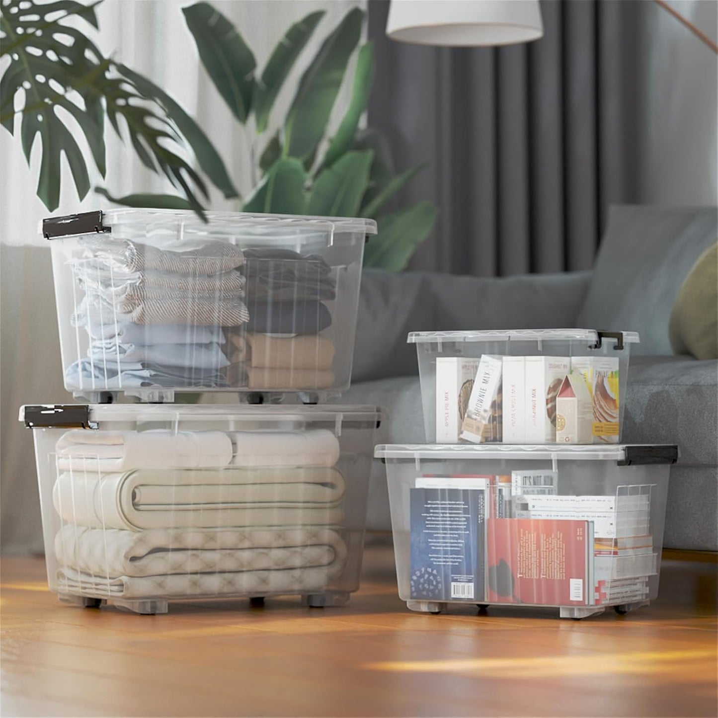 Cetomo 60Qt*6 Plastic Storage Bins, Storage Box, 6 Pack, Organizing Container with Wheels, Durable Lids and Secure Latching Buckles, Stackable and Nestable, Clear with Black Buckle