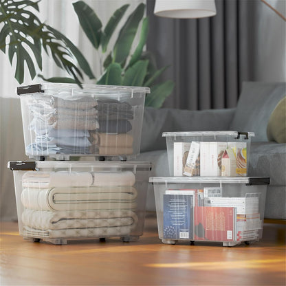 Cetomo 60Qt*6 Plastic Storage Bins, Storage Box, 6 Pack, Organizing Container with Wheels, Durable Lids and Secure Latching Buckles, Stackable and Nestable, Clear with Black Buckle