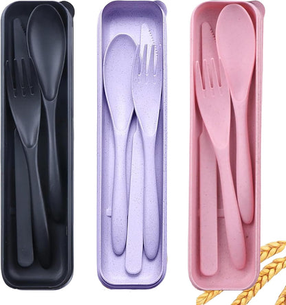 2Pack Reusable Travel Utensil Set, Plastic Fork Spoon Knife with Case, BPA-Free Portable Cutlery for Camping, Picnic & Office (Purple & Pink)