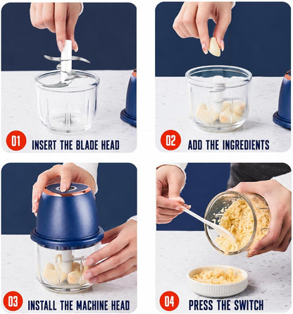 Electric Garlic Chopper, 350 mL, 6-Blade, USB Rechargeable, Blue