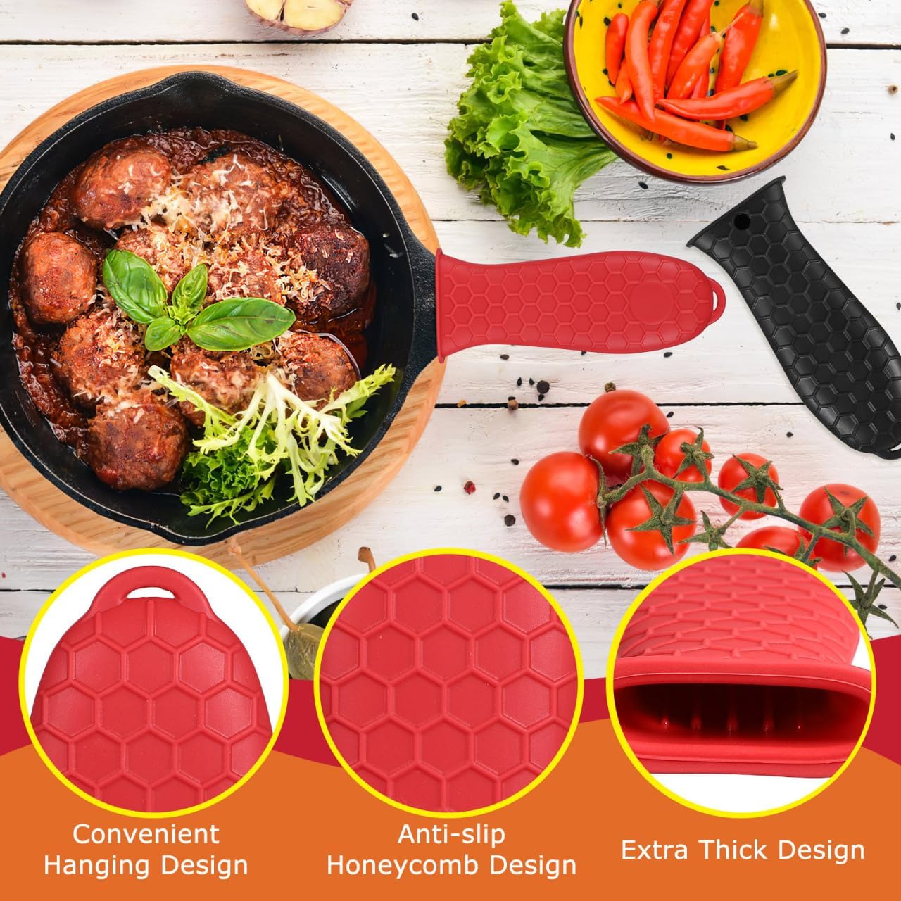 OUNONA Silicone Pot Handle Grips Set - Heat Resistant Non-Slip Covers for Cast Iron Skillets and Cookware Handles with Honeycomb Texture - Easy to Install and Clean Fits Various Pots and Pans