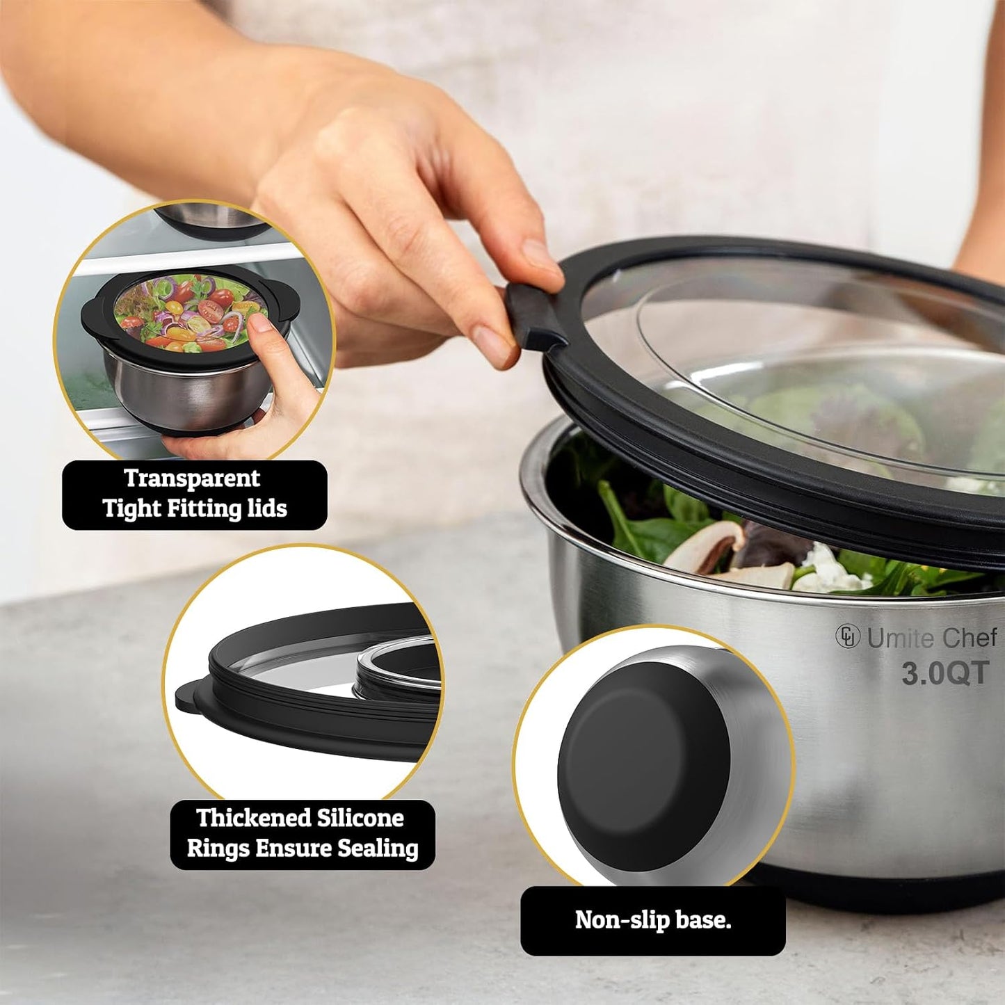 Mixing Bowles Set with Lids Set - Warp-Proof TPR-AS Lids, Stainless Steel Mixing Bowl with 3 Graters & Measuring Lines, Non-Slip Bowls for Baking, Prep, Airtight Food Storage (Khaki 5/3/2/1.5/0.63QT)