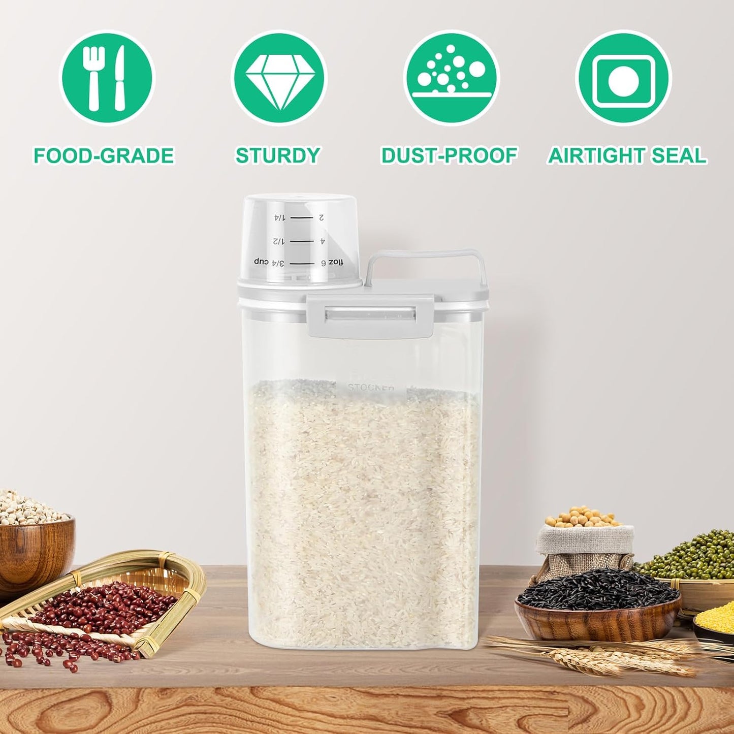 TBMax Rice Storage Container 2 Pack, Plastic Kitchen Pantry Food Storage Container with Cup, Small Pet Dog Cat Food Container Dispenser