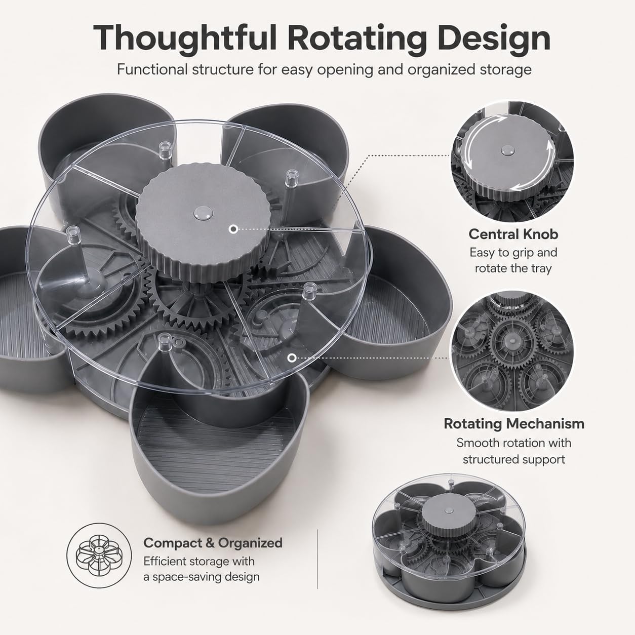Divided Serving Tray that Spins, Spinning Lazy Susan Organizer, Grey, Flower Design