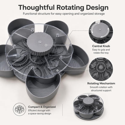 Divided Serving Tray that Spins, Spinning Lazy Susan Organizer, Grey, Flower Design