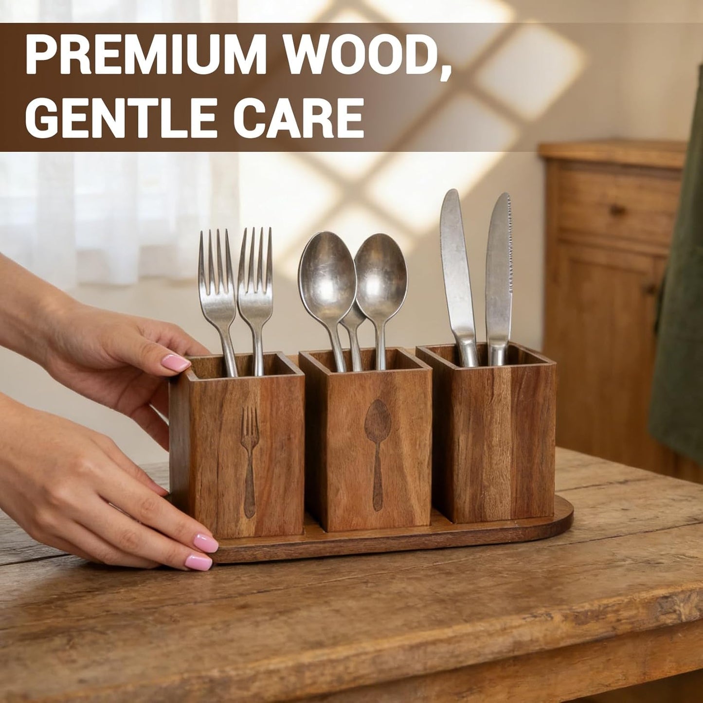 Takywep Acacia Wood Utensil Holder for Kitchen Countertop, Rustic Silverware Caddy Organizer Box, Cutlery Storage for Spoons Forks Knives, Holds Plates & Napkins, Farmhouse Kitchen Counter Organizer
