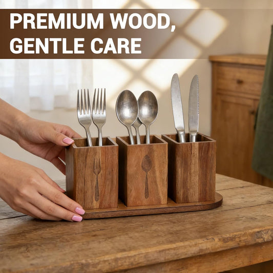 Takywep Acacia Wood Utensil Holder for Kitchen Countertop, Rustic Silverware Caddy Organizer Box, Cutlery Storage for Spoons Forks Knives, Holds Plates & Napkins, Farmhouse Kitchen Counter Organizer