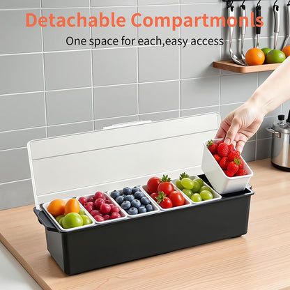 Large Ice Chilled Condiment Caddy，Chilled Condiment Containers Server with Lids for 5 Removable Compartments ，Serving Platters , Fruit & Garnish Tray for Party Supplies & Bar Accessories-Transparent