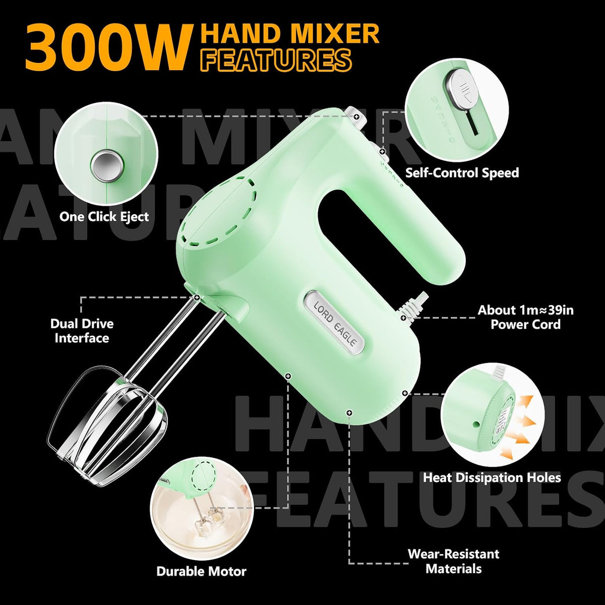 5-Speed Small Hand Mixer Electric, 300W Compact Portable, Black