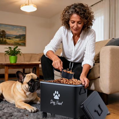 Dog Food Container 13lb, Cute Airtight Pet Food Storage Containers with Metal Lid Scoop, Black Metal Storage Bin for Dog/Cat with Wheels,Easy to Move