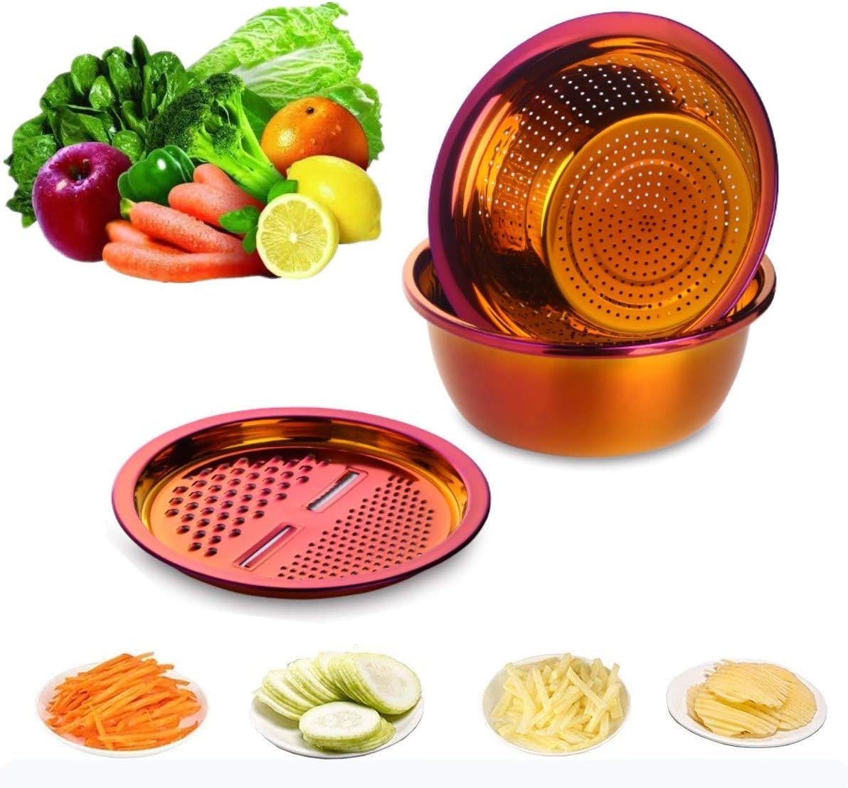 3PC/Set Colander set Stainless Steel Vegetable Slicer Fruit Potato Peeler Carrot Grater Strainer Utensil Round Rice Washer Bowl Drain Basket-Gold