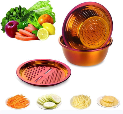 3PC/Set Colander set Stainless Steel Vegetable Slicer Fruit Potato Peeler Carrot Grater Strainer Utensil Round Rice Washer Bowl Drain Basket-Gold