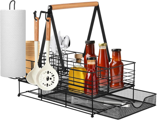 1 Pack Large Grill Caddy, BBQ Tool Organizer with Paper Towel Holder, Powder-Coated Steel Caddy Organizer, Rust-Resistant, 3 Side Hooks, Adjustable Dividers, Camping, RV, Black