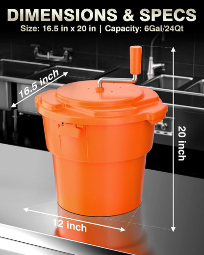 WantJoin Commercial Salad Spinner - 6 Gallon Salad Dryer w/Silicone Draining Hose, Orange, 24Qt Manual Salad Spinner for up to 7 Heads of Lettuce Spinner Large for Catering