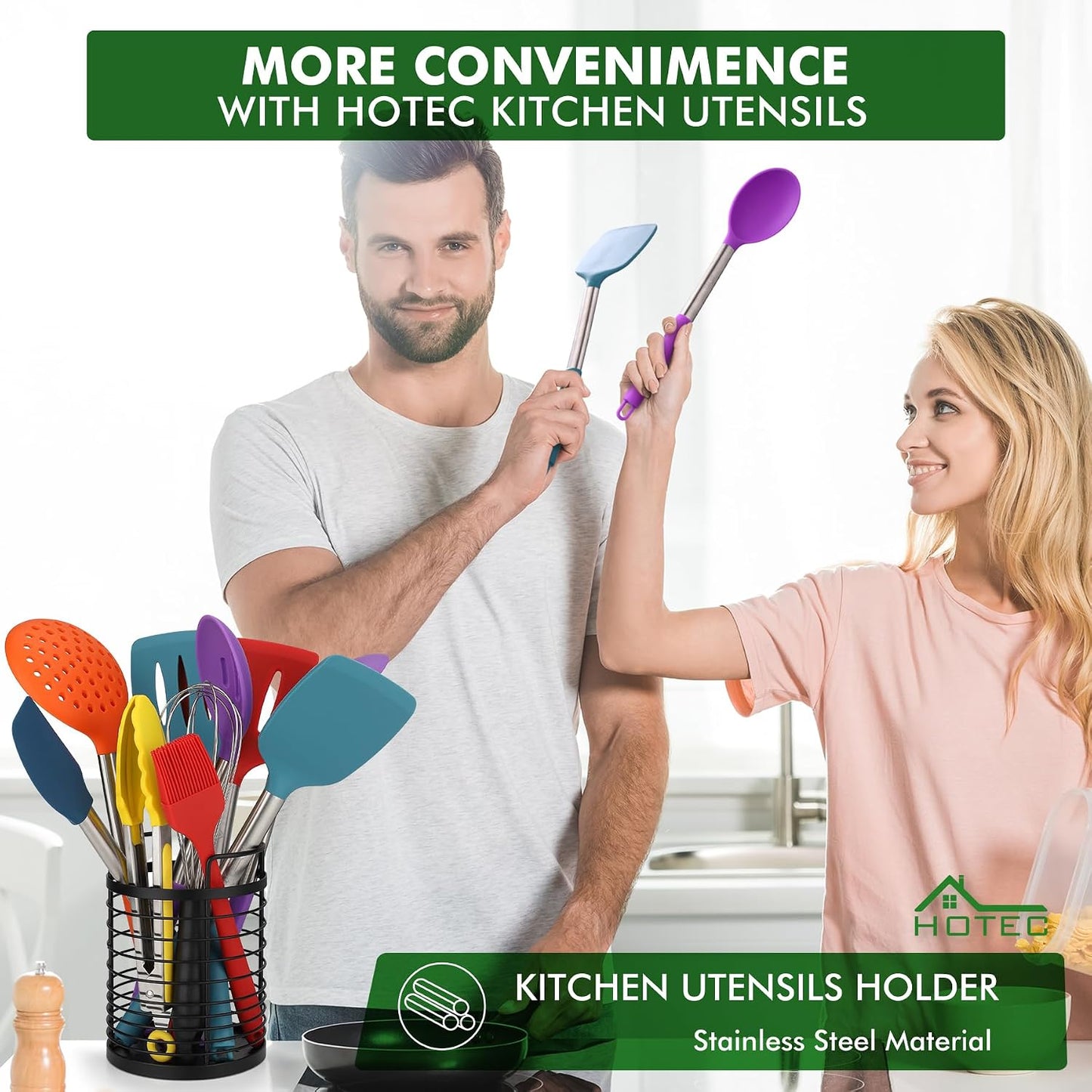 HOTEC 446°F Heat Resistant Silicone Kitchen Utensils, Cooking Utensil Set, Spatula Set, BPA Free, Kitchen Gadgets, With Stainless Steel Utensils Holder, Dishwasher Safe 14pcs Khaki